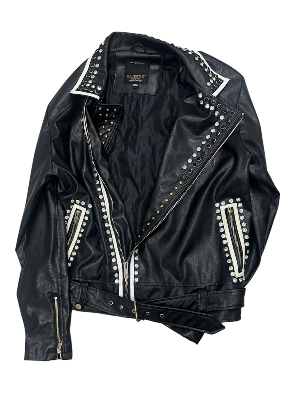 Majestic Black and white rhinestone Studded Leather Moto Jacket - Picture 3 of 6